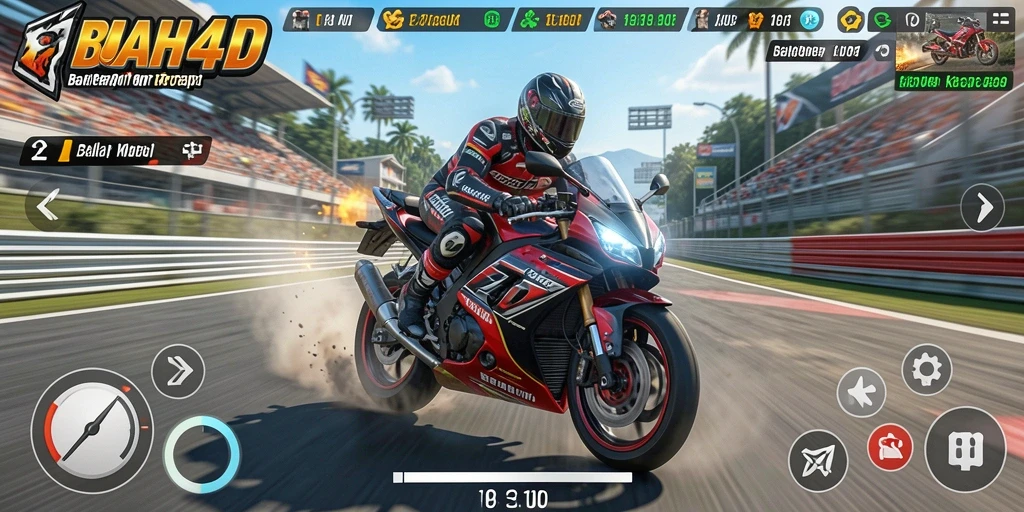 Tampilan gameplay BUAH4D dengan motor balap yang melaju kencang.