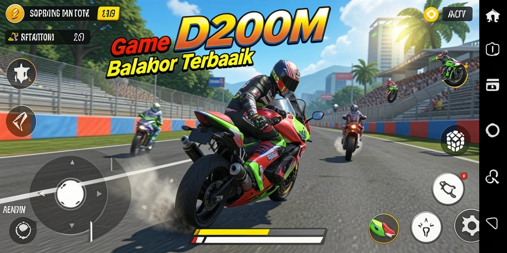 Tangkapan layar D200M menampilkan aksi balap motor yang mendebarkan.