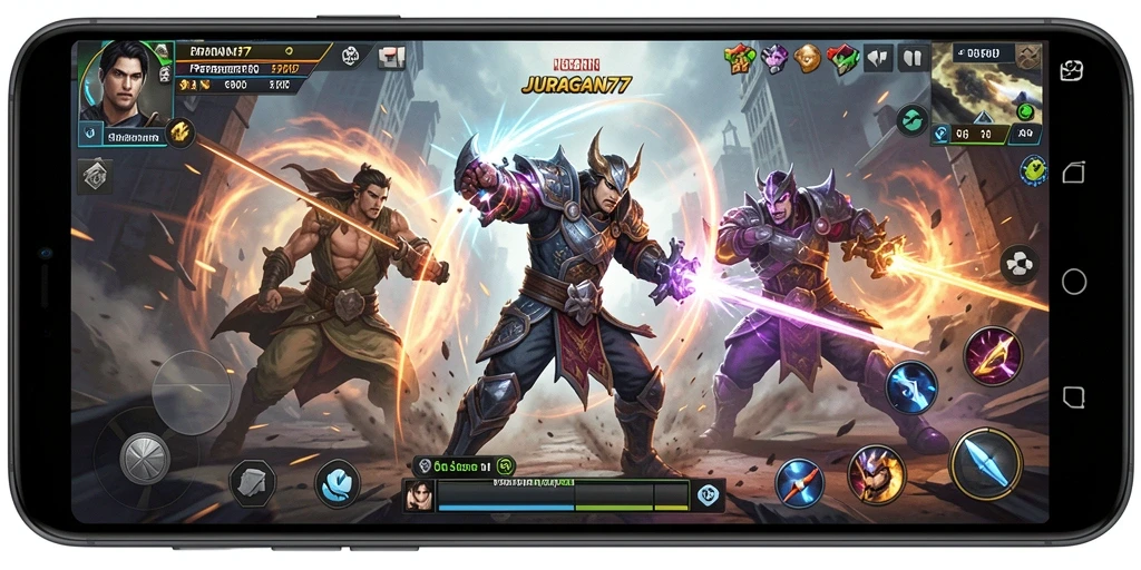 Screenshot gameplay JURAGAN77 menampilkan aksi pertarungan yang intens.