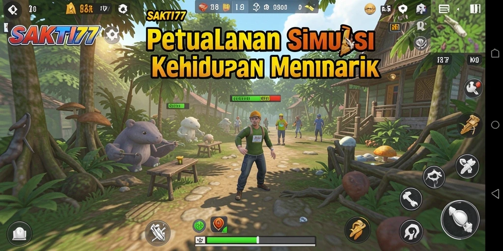 Tampilan gameplay SAKTI77 yang menampilkan berbagai interaksi dalam simulasi kehidupan.