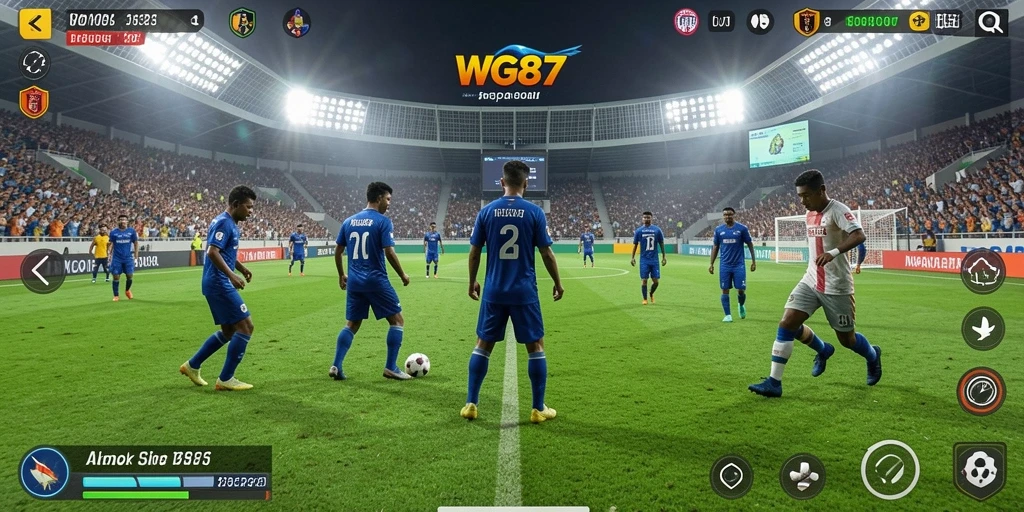 Tangkapan layar utama game WG87 menampilkan aksi seru di lapangan sepak bola.