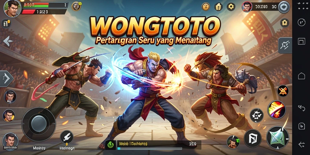 Screenshot WONGTOTO menampilkan pertarungan epik dengan karakter yang beraksi.
