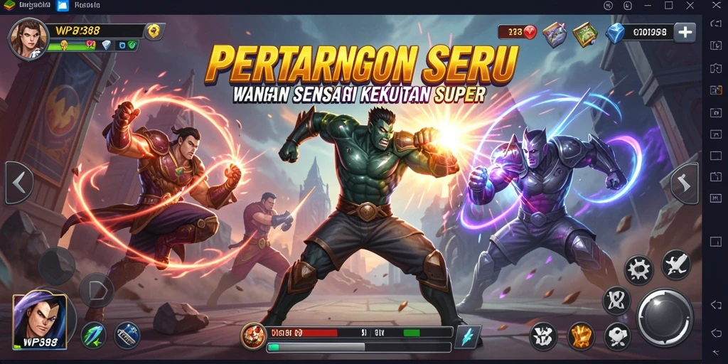 Screenshot WP888: Pertarungan mendebarkan antara karakter dengan serangan spesial yang menghentak.